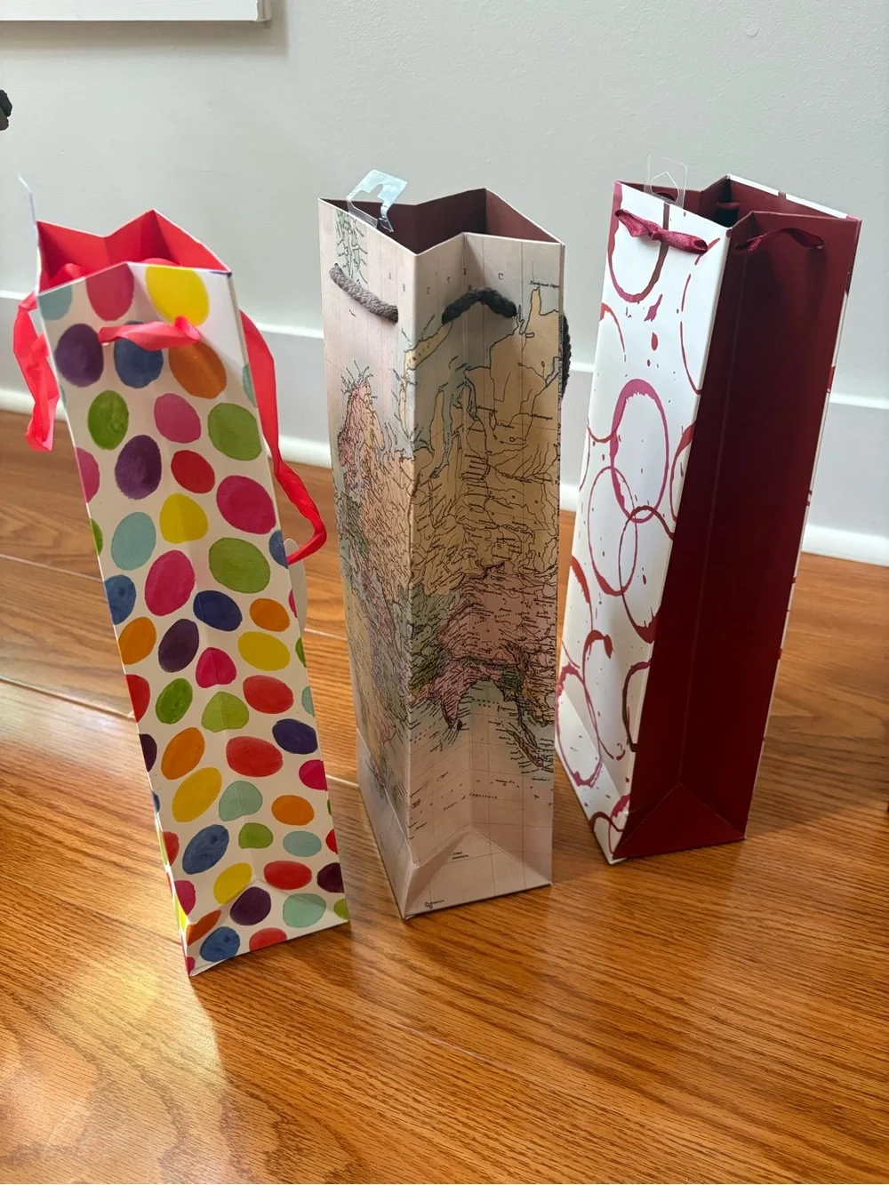 Set of 3 Cakewalk Decorative Wine Gift Bags - Polka Dot, Map, Circle Designs